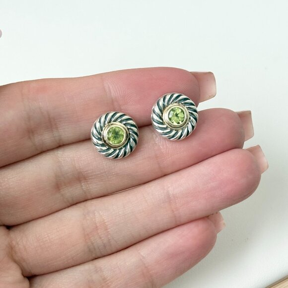 David Yurman Sterling Silver 14K Gold Green Peridot Cookie Cable Stud Earrings - Picture 1 of 6